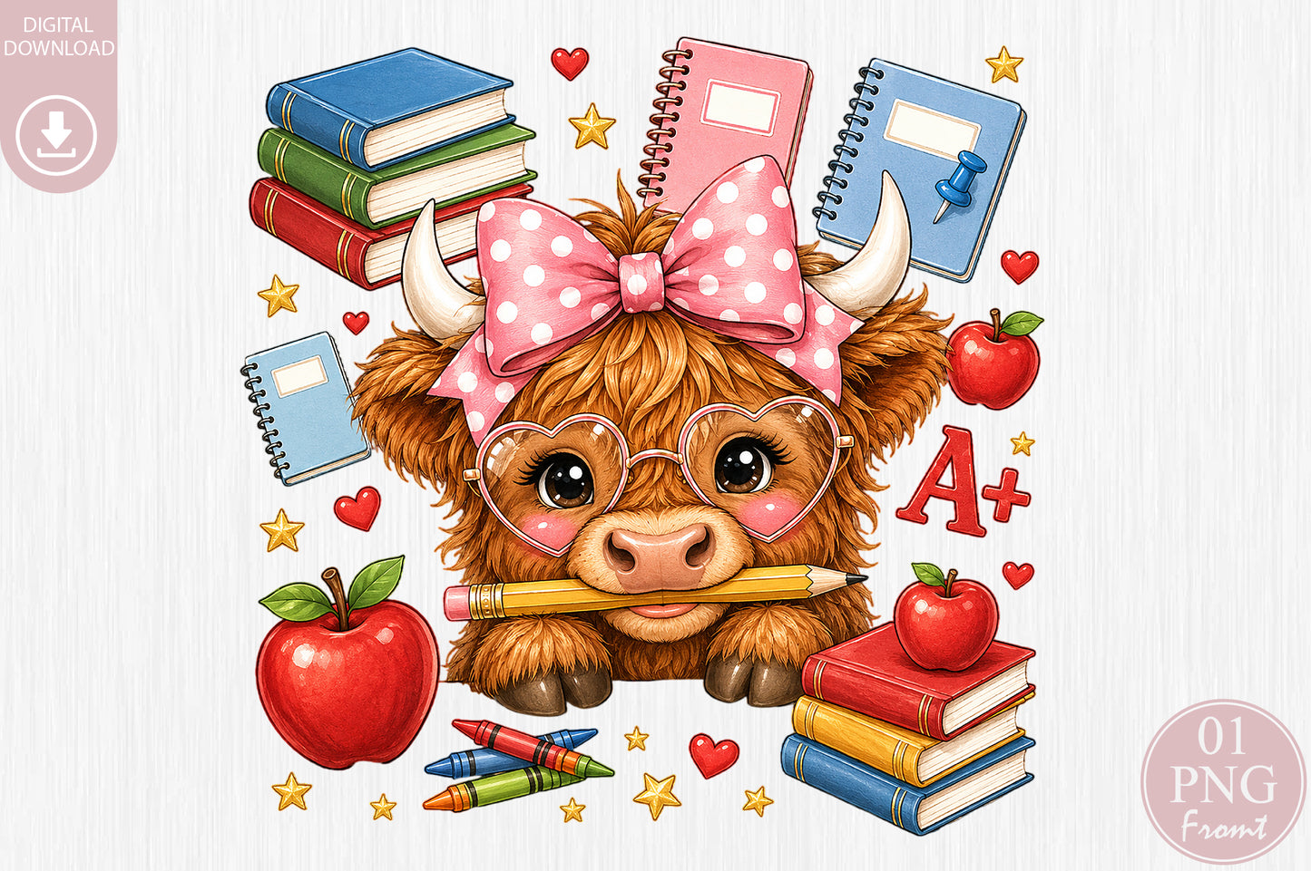 Back to School Highland Cow Sublimation PNG