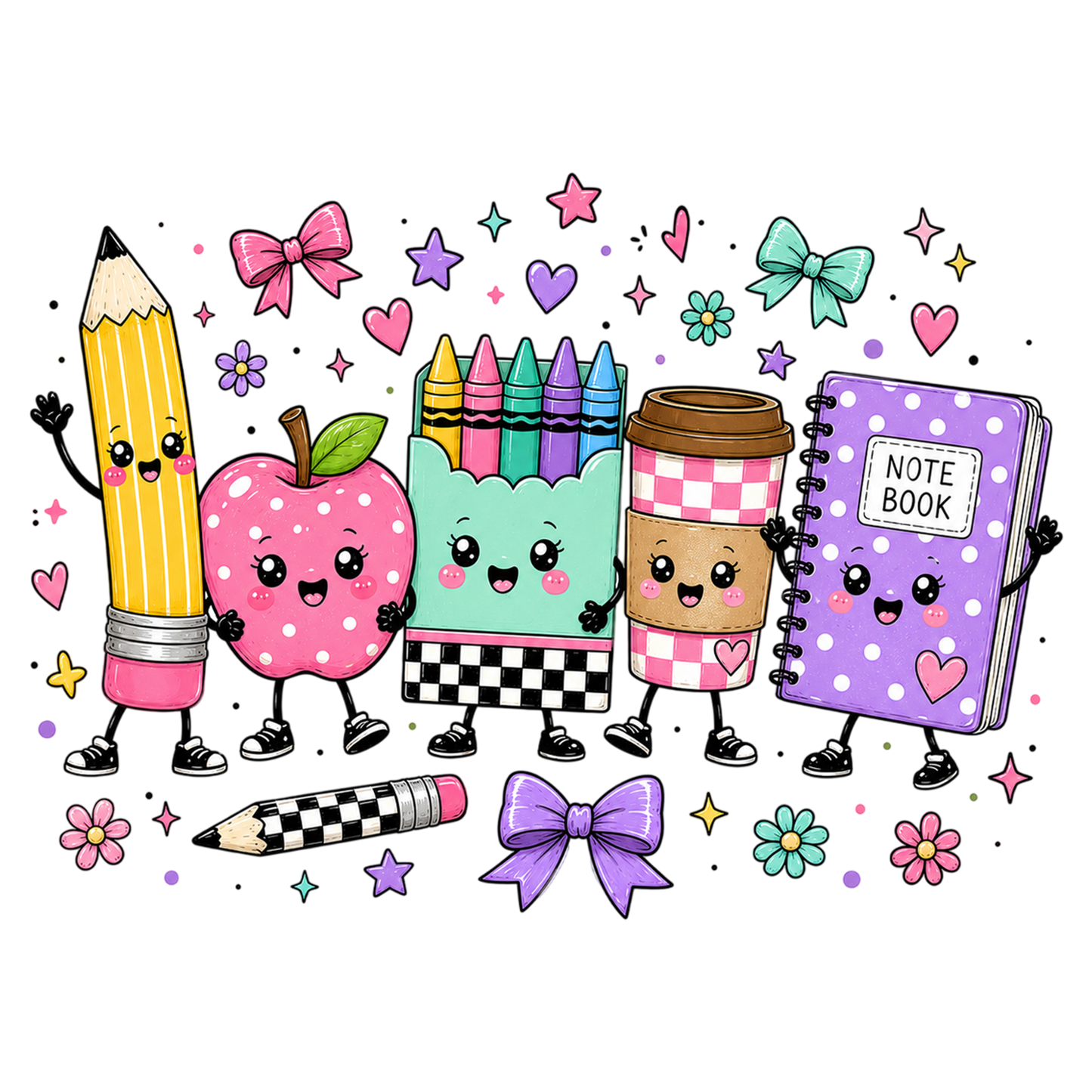 Back to School PNG Cute School Supplies Characters Sublimation Design