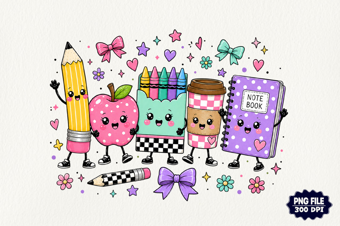 Back to School PNG Cute School Supplies Characters Sublimation Design