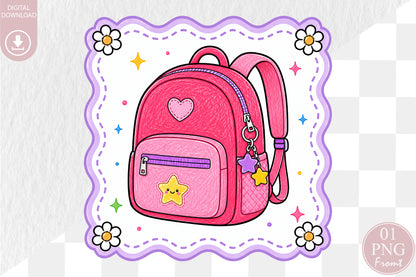 Cute Pink Backpack PNG Back to School Sublimation Design