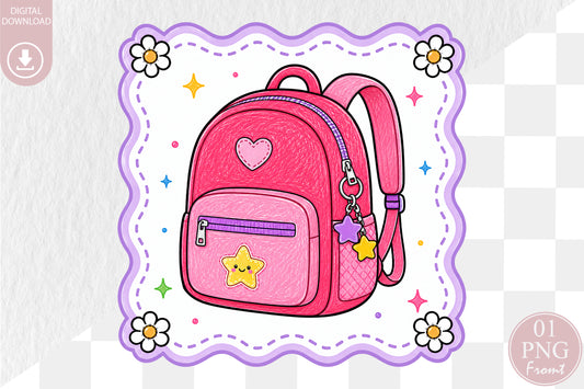 Cute Pink Backpack PNG Back to School Sublimation Design