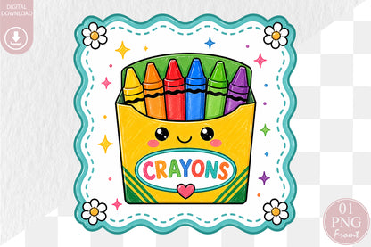 Cute Crayons Box PNG Back to School Sublimation Design