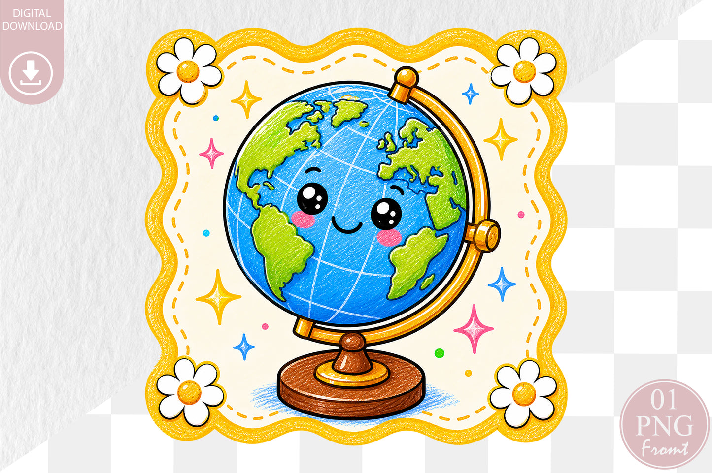 Cute Globe PNG Back to School Kawaii Sublimation Design