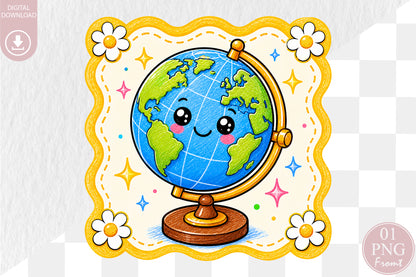 Cute Globe PNG Back to School Kawaii Sublimation Design