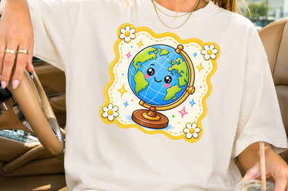 Cute Globe PNG Back to School Kawaii Sublimation Design