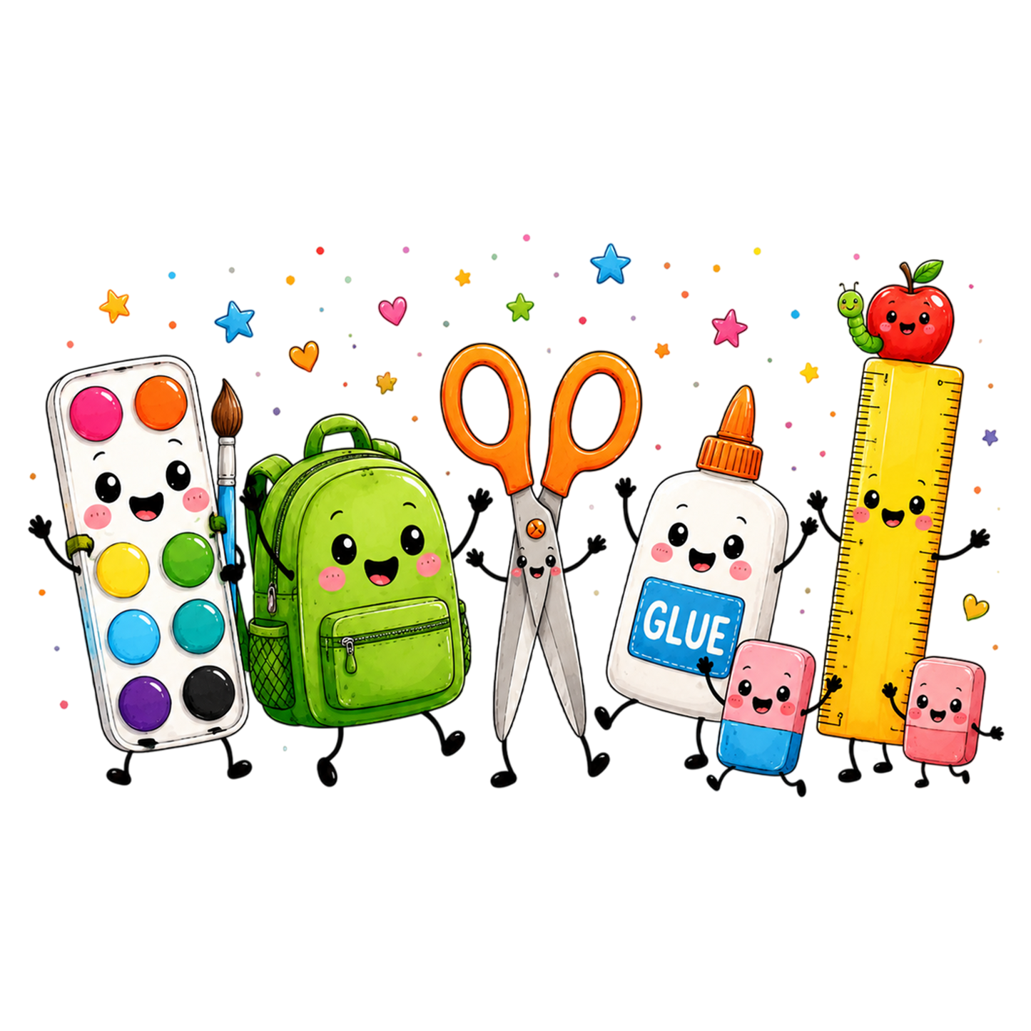 Cute Back to School Supplies PNG Kawaii School Clipart Sublimation