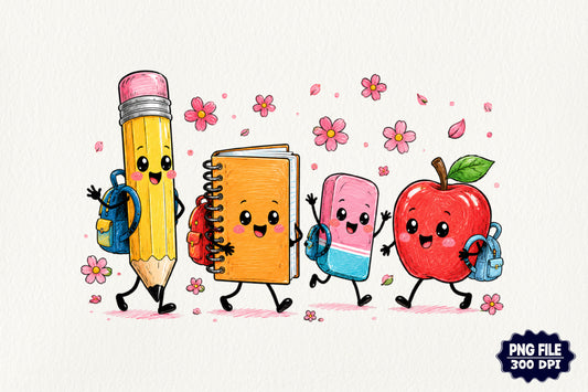 Cute Back to School Pencil Apple Notebook PNG School Supplies Sublimation