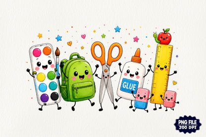 Cute Back to School Supplies PNG Kawaii School Clipart Sublimation