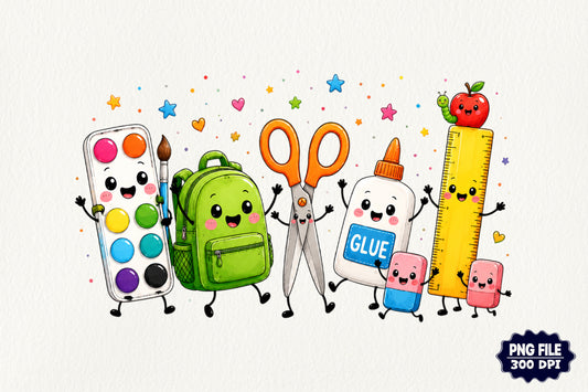 Cute Back to School Supplies PNG Kawaii School Clipart Sublimation