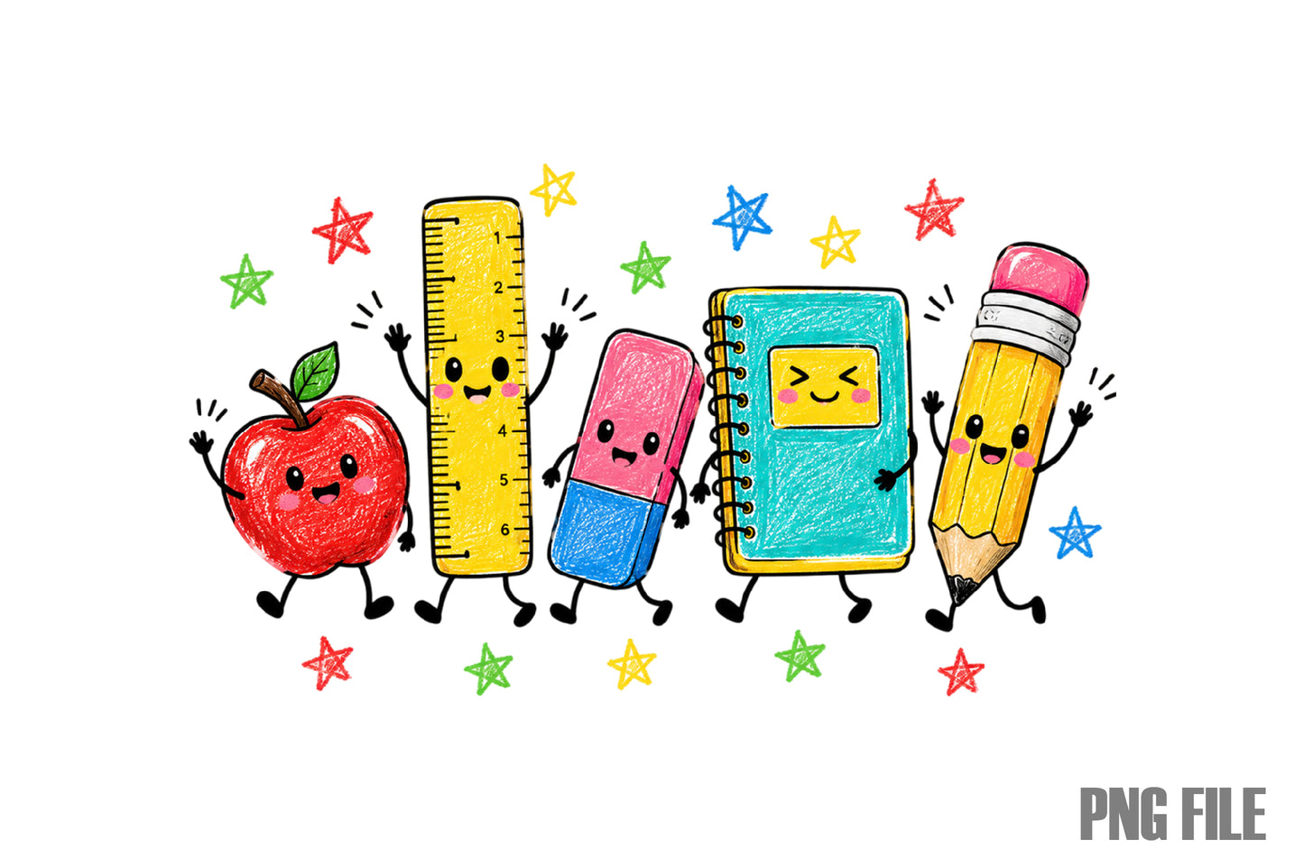 Back to School PNG Apple Ruler Pencil Notebook Eraser School Supplies