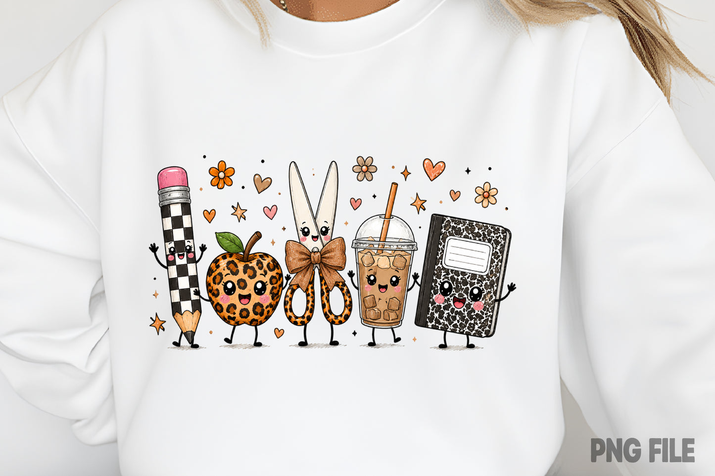 Cute Back to School Supplies PNG Pencil Apple Scissors Notebook Sublimation