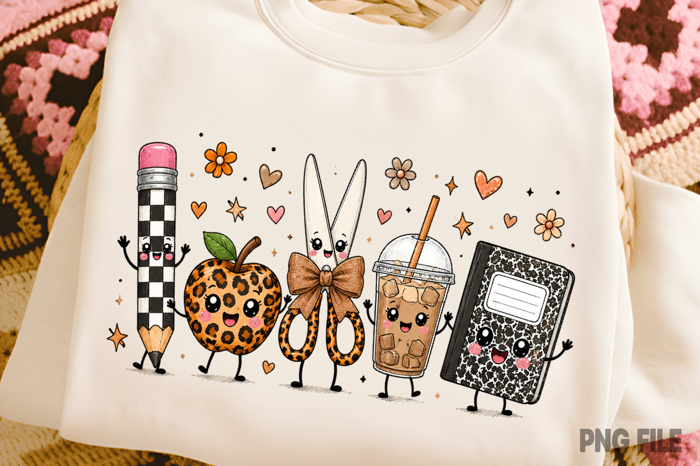 Cute Back to School Supplies PNG Pencil Apple Scissors Notebook Sublimation