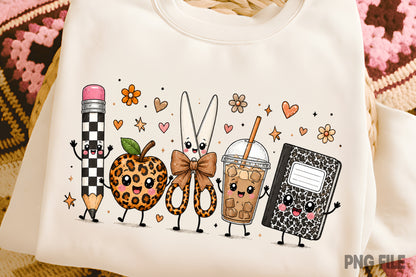 Cute Back to School Supplies PNG Pencil Apple Scissors Notebook Sublimation