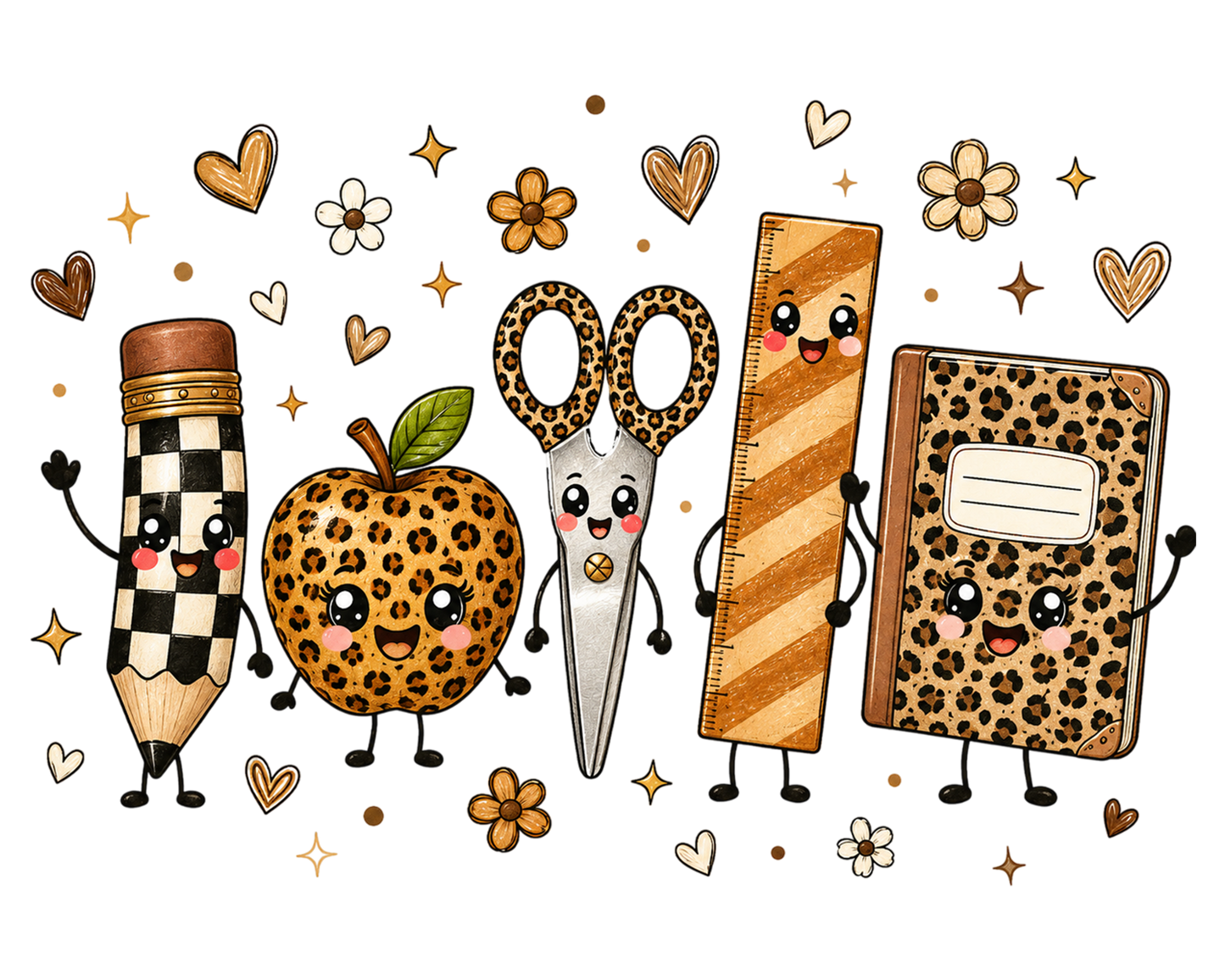 Leopard Back to School Pencil Apple Scissors Notebook PNG Sublimation