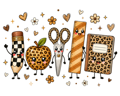 Leopard Back to School Pencil Apple Scissors Notebook PNG Sublimation