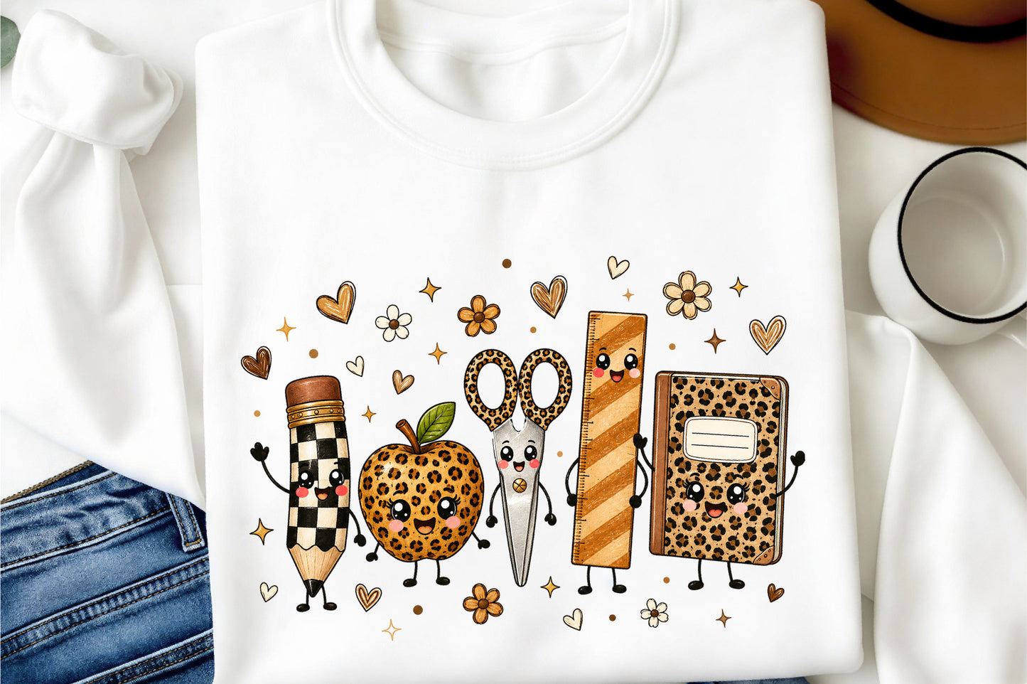 Leopard Back to School Pencil Apple Scissors Notebook PNG Sublimation
