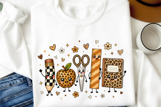 Leopard Back to School Pencil Apple Scissors Notebook PNG Sublimation