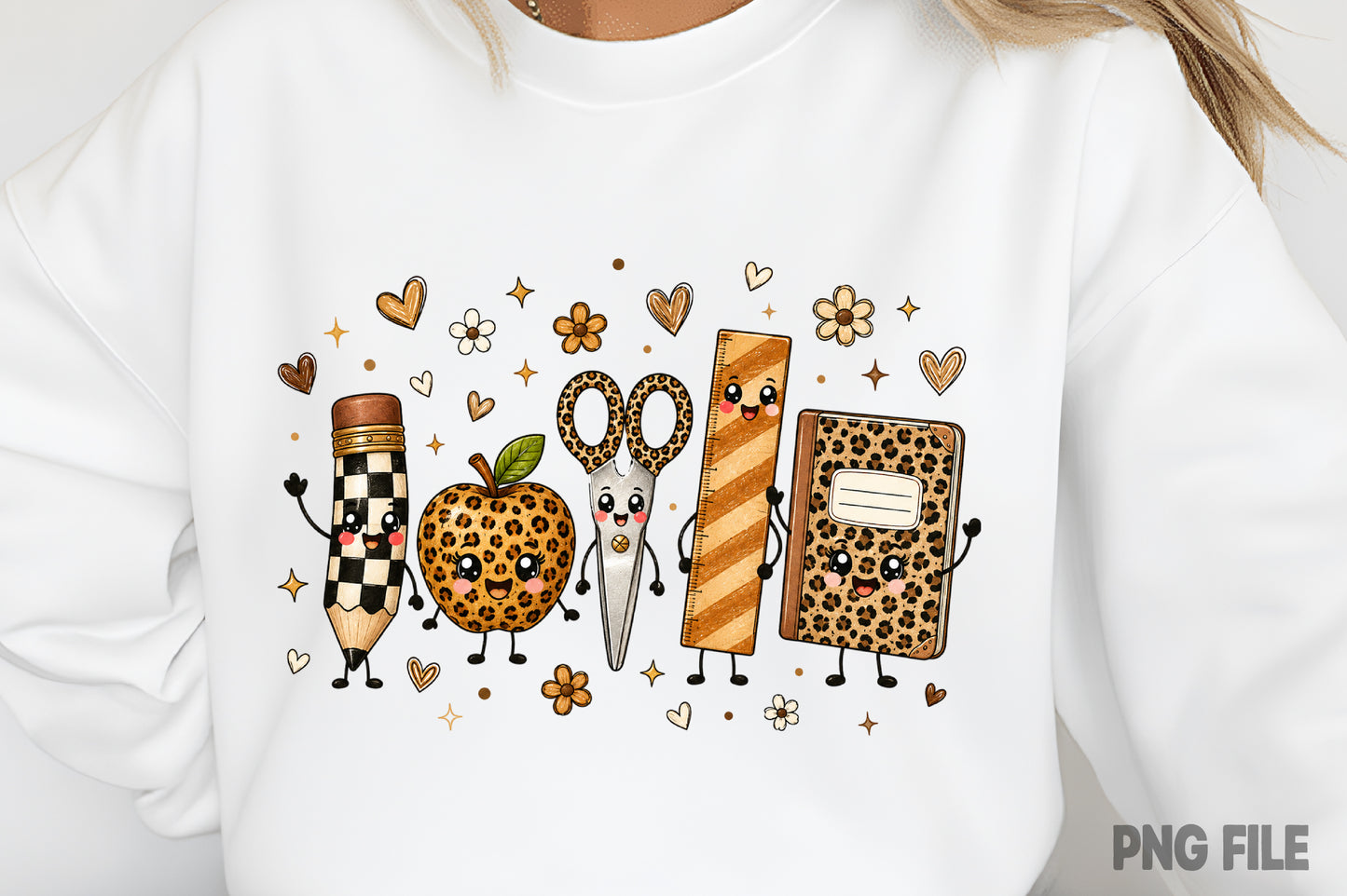Leopard Back to School Pencil Apple Scissors Notebook PNG Sublimation