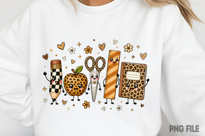 Leopard Back to School Pencil Apple Scissors Notebook PNG Sublimation