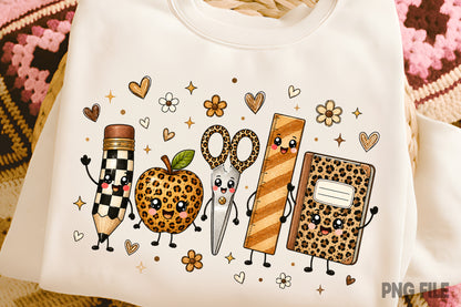 Leopard Back to School Pencil Apple Scissors Notebook PNG Sublimation