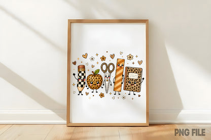 Leopard Back to School Pencil Apple Scissors Notebook PNG Sublimation