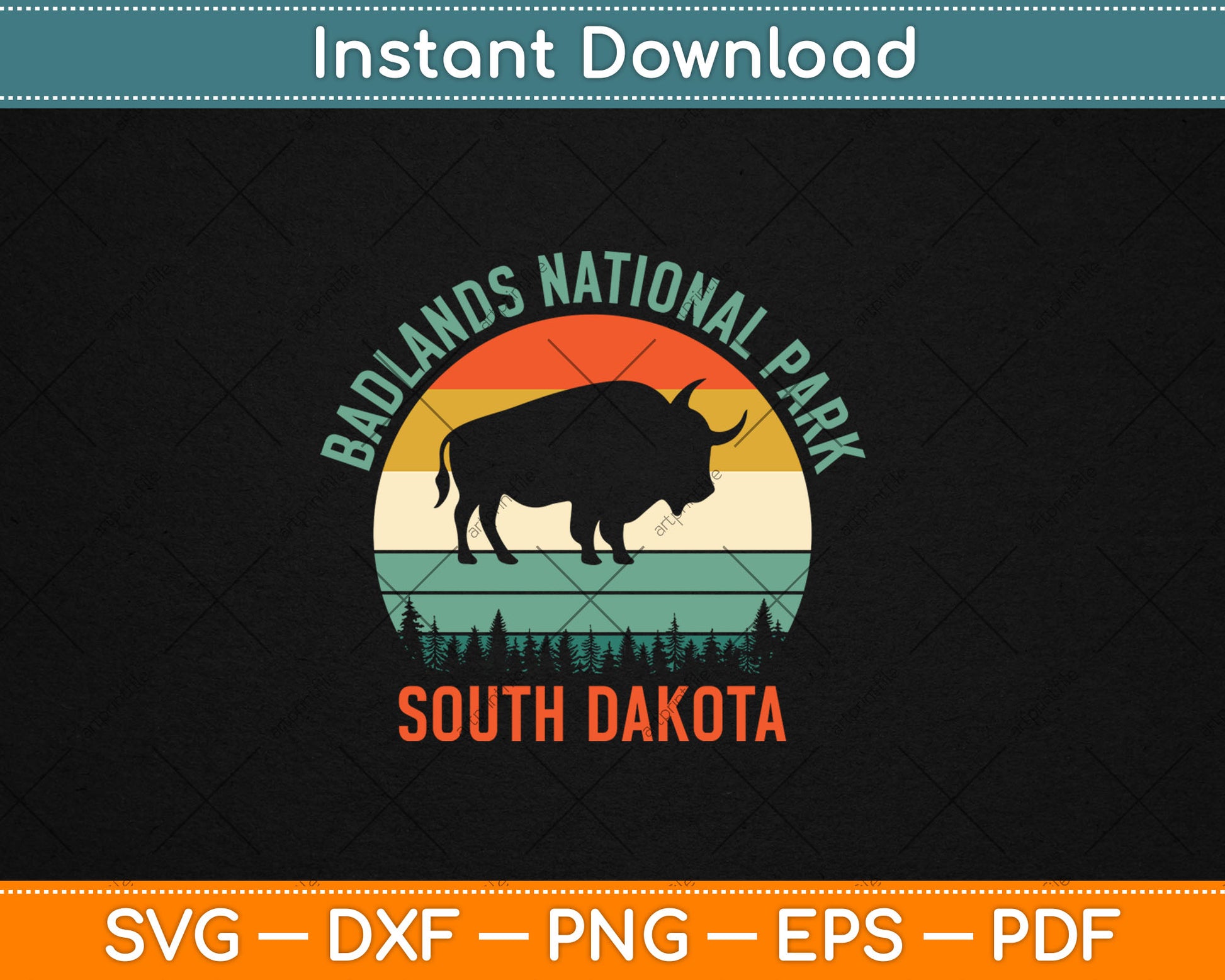 Badlands National Park South Dakota Buffalo Retro Sunset Svg Digital Cutting File