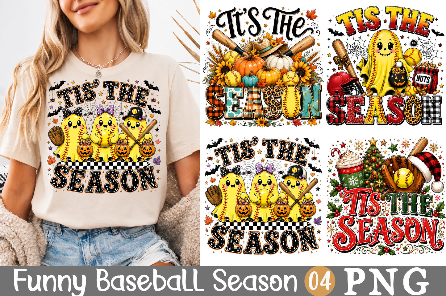 Baseball Softball Tis The Season PNG Halloween Christmas Sublimation Bundle