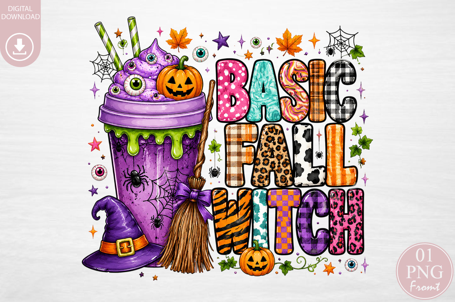 Basic Fall Witch PNG Retro Halloween Witch Pumpkin Sublimation Design