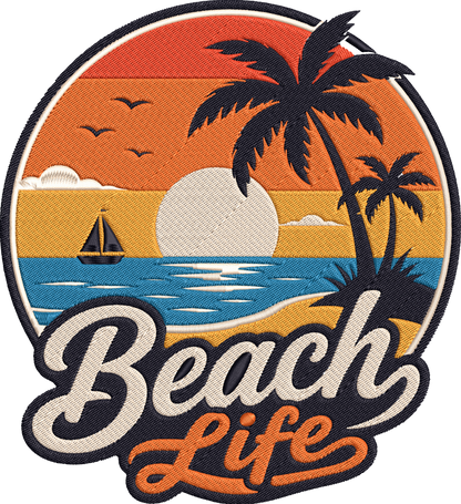 Beach Life Embroidery Design, Tropical Beach Sunset Machine Embroidery Pattern, Palm Trees Ocean Waves Beach Life Embroidery Design