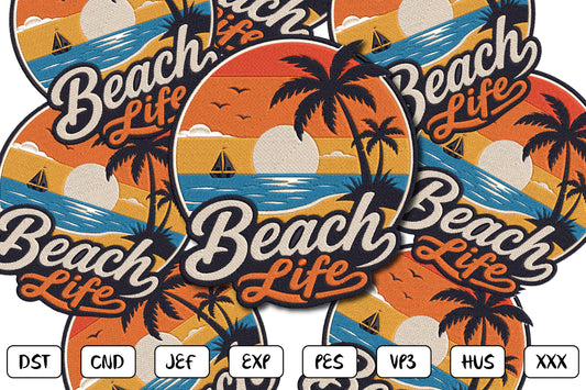 Beach Life Embroidery Design, Tropical Beach Sunset Machine Embroidery Pattern, Palm Trees Ocean Waves Beach Life Embroidery Design