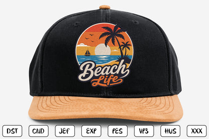Beach Life Embroidery Design, Tropical Beach Sunset Machine Embroidery Pattern, Palm Trees Ocean Waves Beach Life Embroidery Design