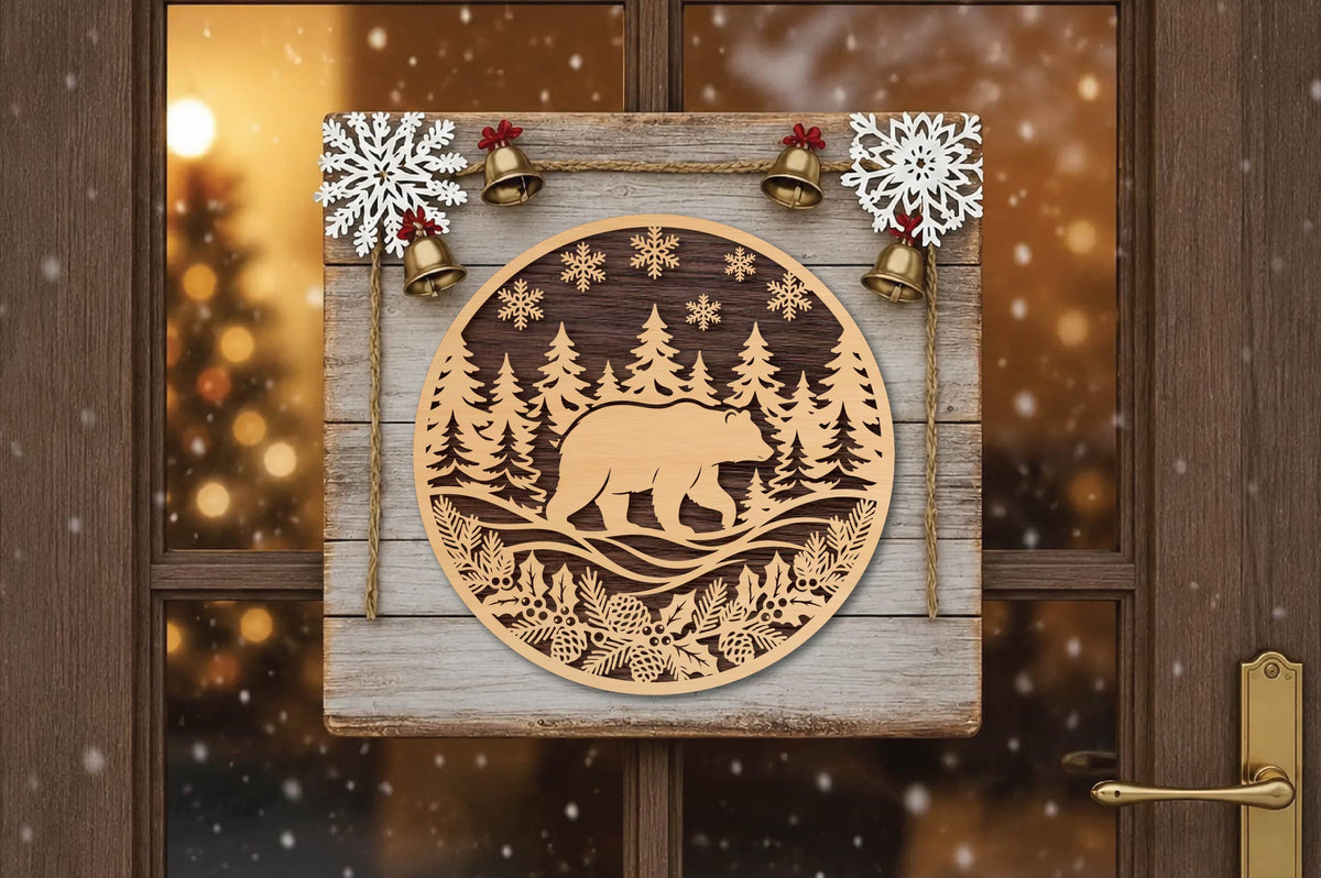 Christmas Bear Laser Cut SVG, Bear Christmas Ornament Cut File, Woodland Winter Holiday Decor
