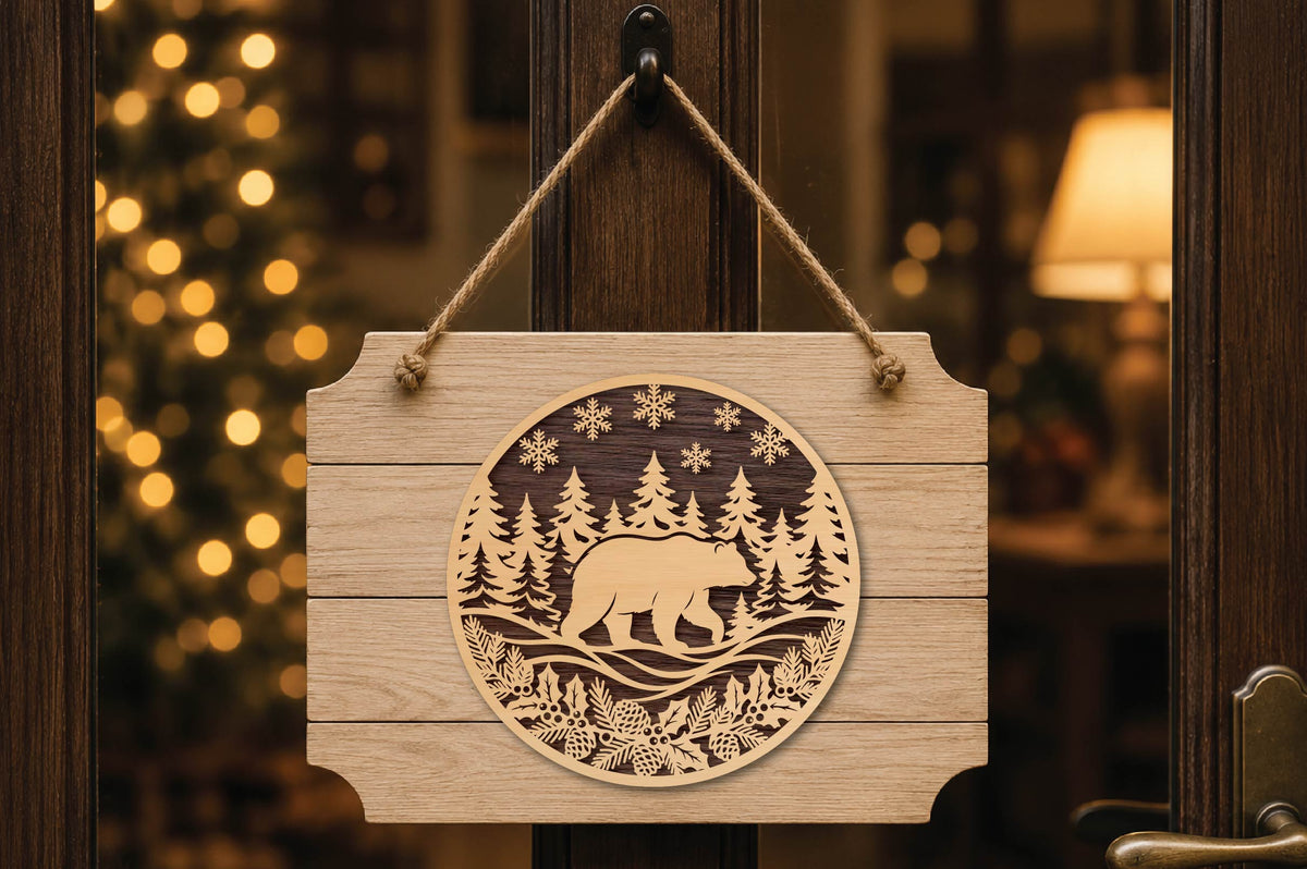 Christmas Bear Laser Cut SVG, Bear Christmas Ornament Cut File, Woodland Winter Holiday Decor