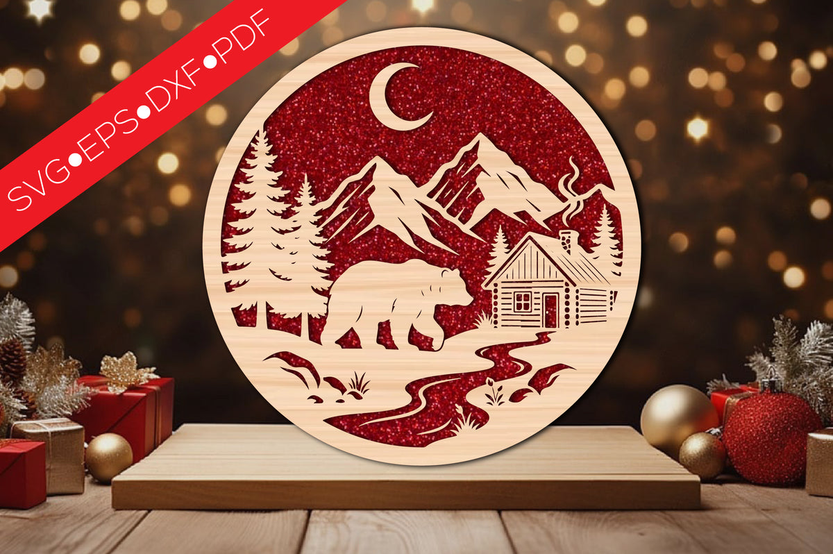 Bear Wilderness Round Laser Cut SVG