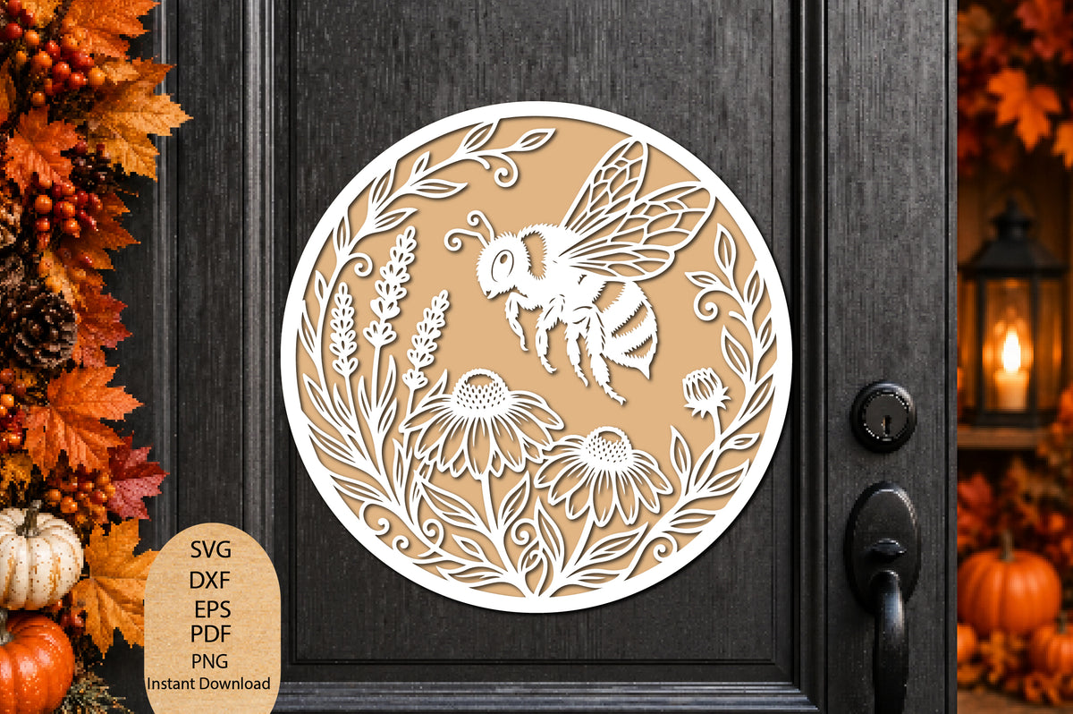 Bee Floral Round Laser Cut SVG, Honey Bee Flower Wall Art, Nature Cut File