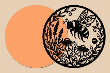 Bee Floral Round Laser Cut SVG, Honey Bee Flower Wall Art, Nature Cut File