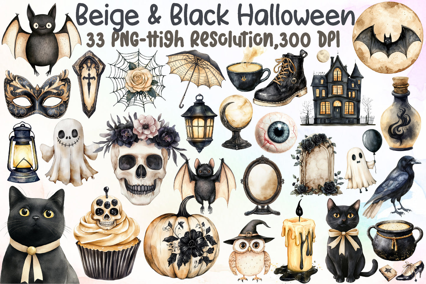 Beige Black Halloween Clipart Gothic Spooky PNG Bundle