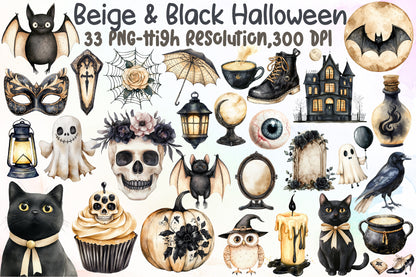 Beige Black Halloween Clipart Gothic Spooky PNG Bundle