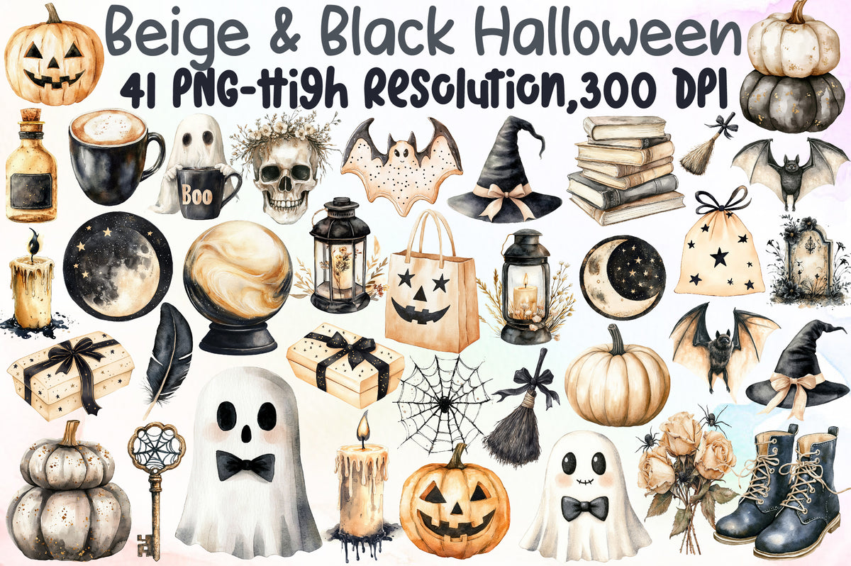 Beige Black Halloween Clipart Spooky Witch PNG Bundle