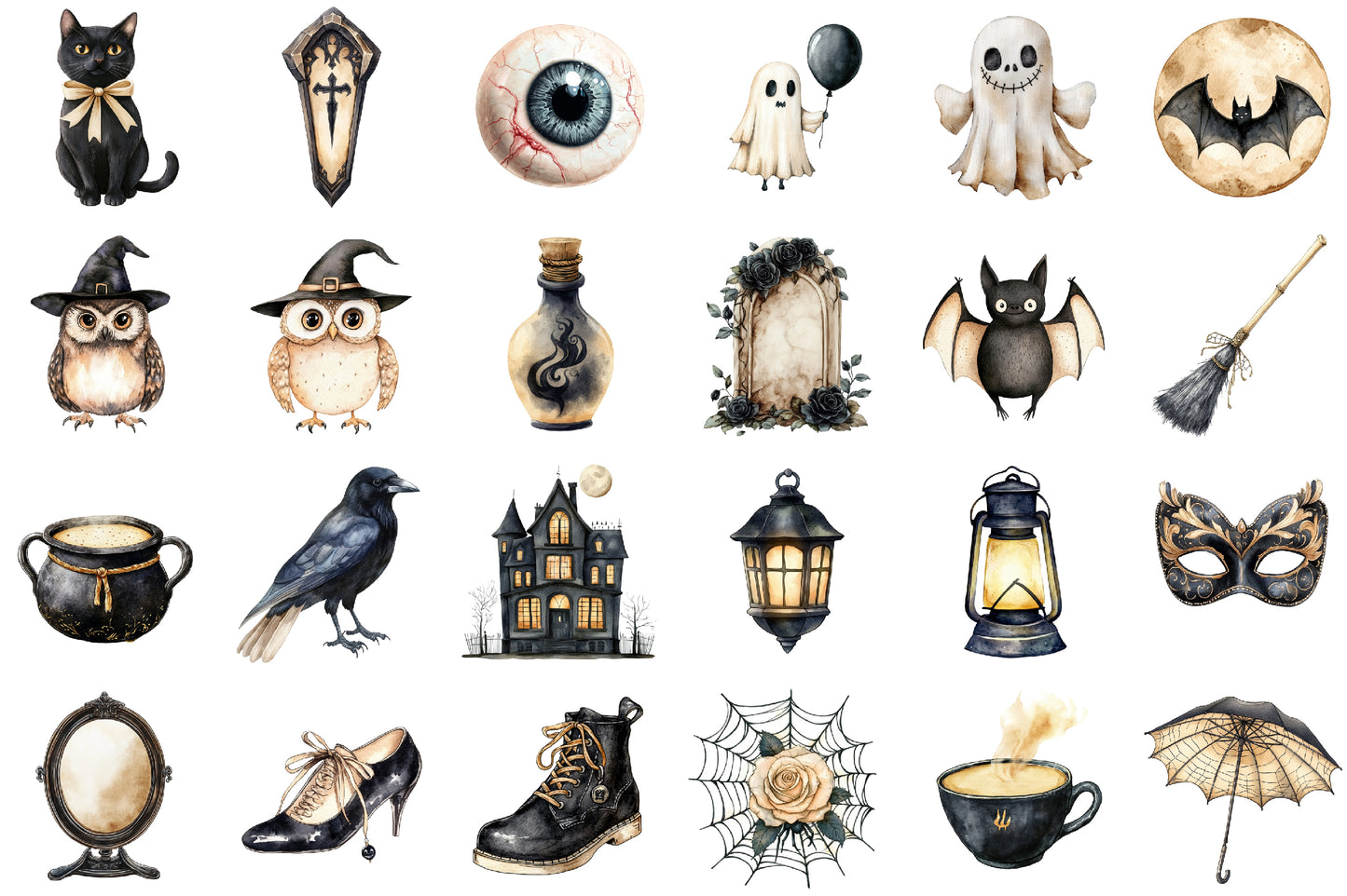 Beige Black Halloween Clipart Gothic Spooky PNG Bundle