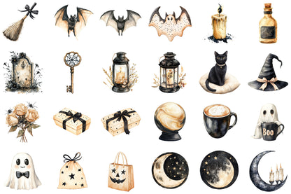 Beige Black Halloween Clipart Spooky Witch PNG Bundle