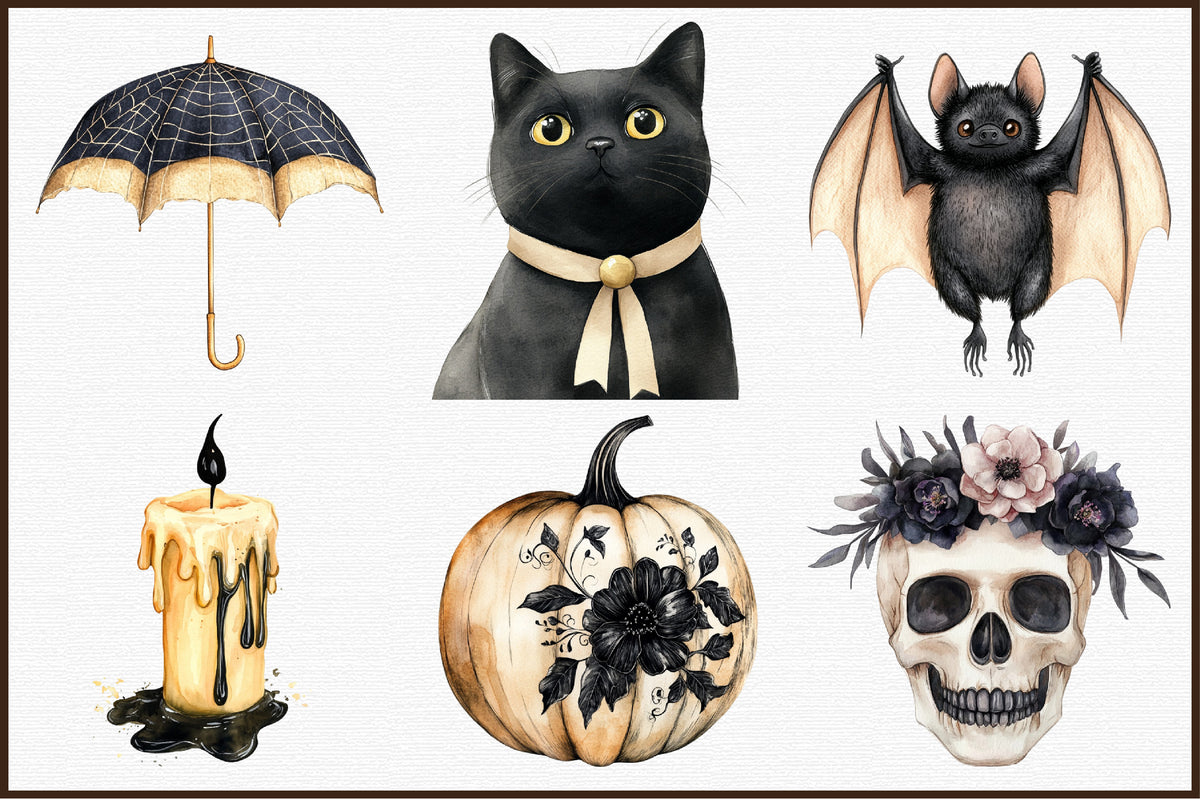 Beige Black Halloween Clipart Gothic Spooky PNG Bundle