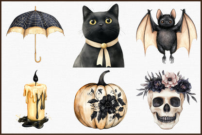 Beige Black Halloween Clipart Gothic Spooky PNG Bundle