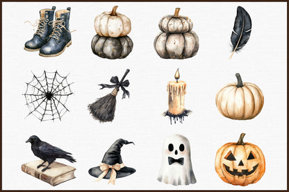 Beige Black Halloween Clipart Spooky Witch PNG Bundle