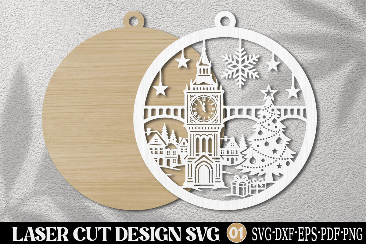 Big Ben Christmas Scene Laser Cut SVG | London Christmas Ornament SVG