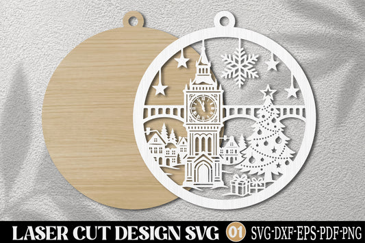 Big Ben Christmas Scene Laser Cut SVG | London Christmas Ornament SVG