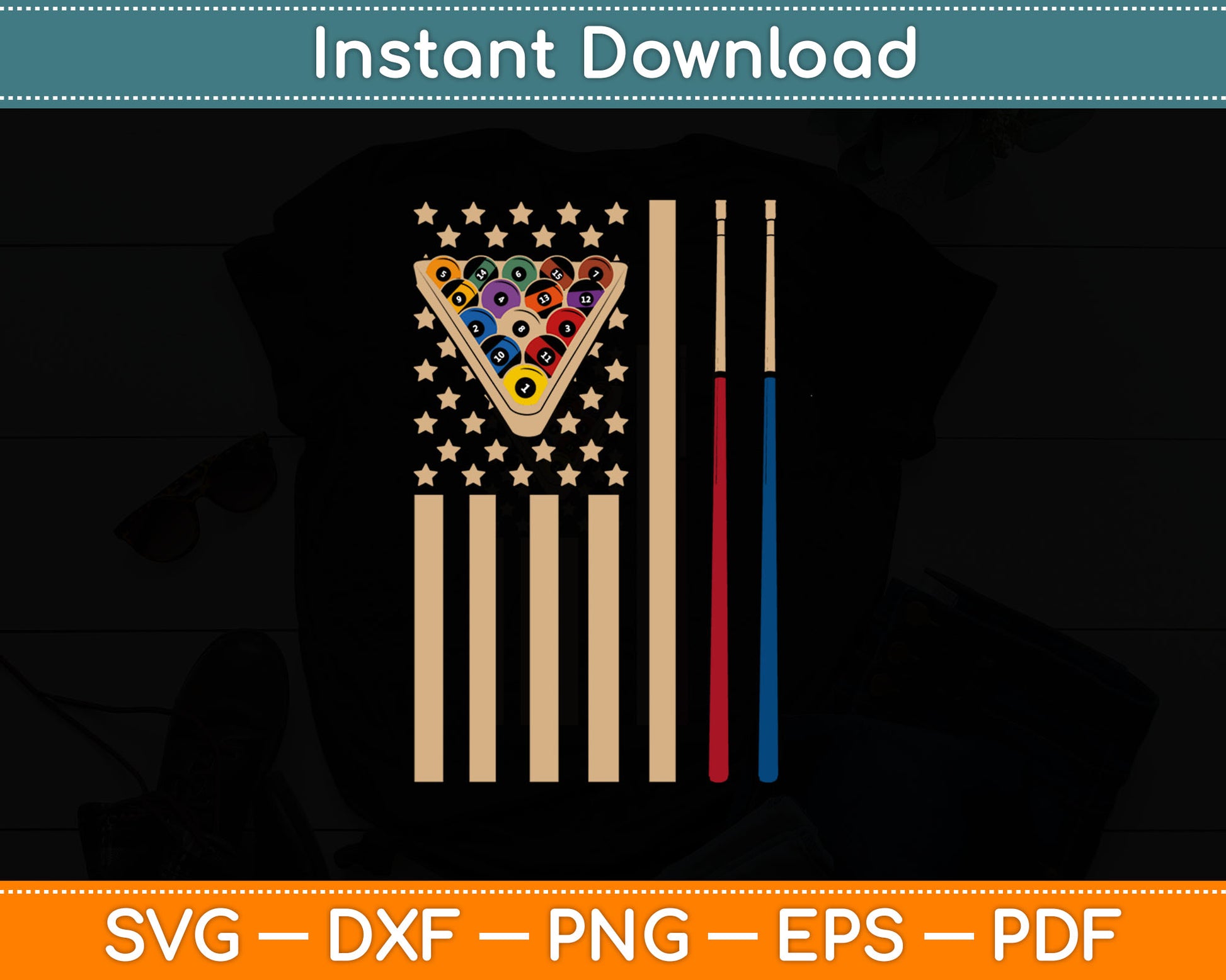 Pool Stick Billiards 8 Ball Vintage USA American Flag Svg Digital Cutting File