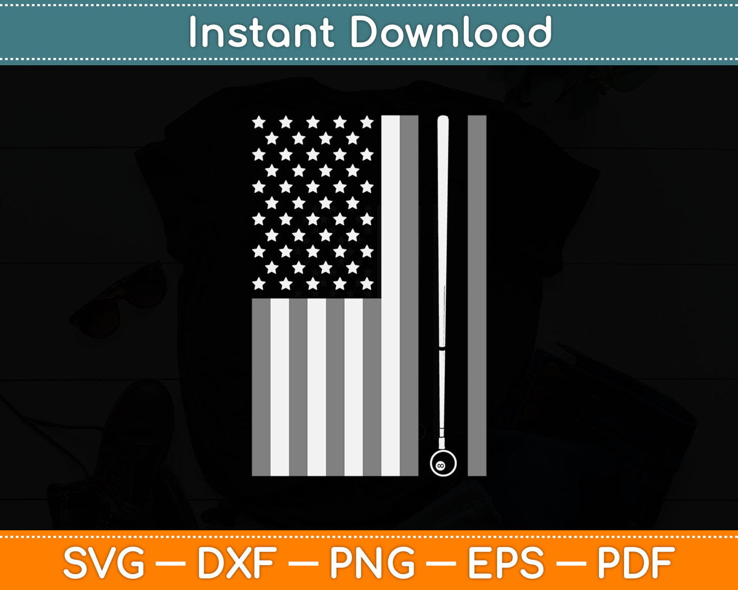 Pool Stick Billiards 8 Ball Vintage USA American Flag Svg Digital Cricut Cutting File