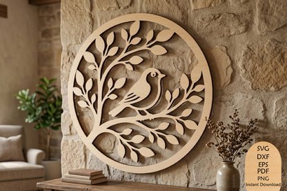 Bird on Branch Laser Cut SVG, Nature Bird Tree Branch Wall Art Cut File