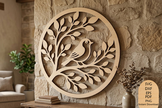 Bird on Branch Laser Cut SVG, Nature Bird Tree Branch Wall Art Cut File